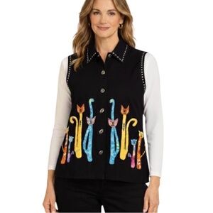 Vintage Lifestyle Linen Cotton Embroidered Cat Vest Black Size M